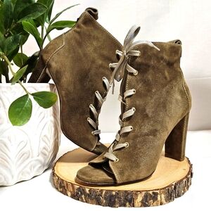 Carolina Herrera Lace-Up Peep Toe Heels | Size 38 | Suede Tan Brown Booties CH